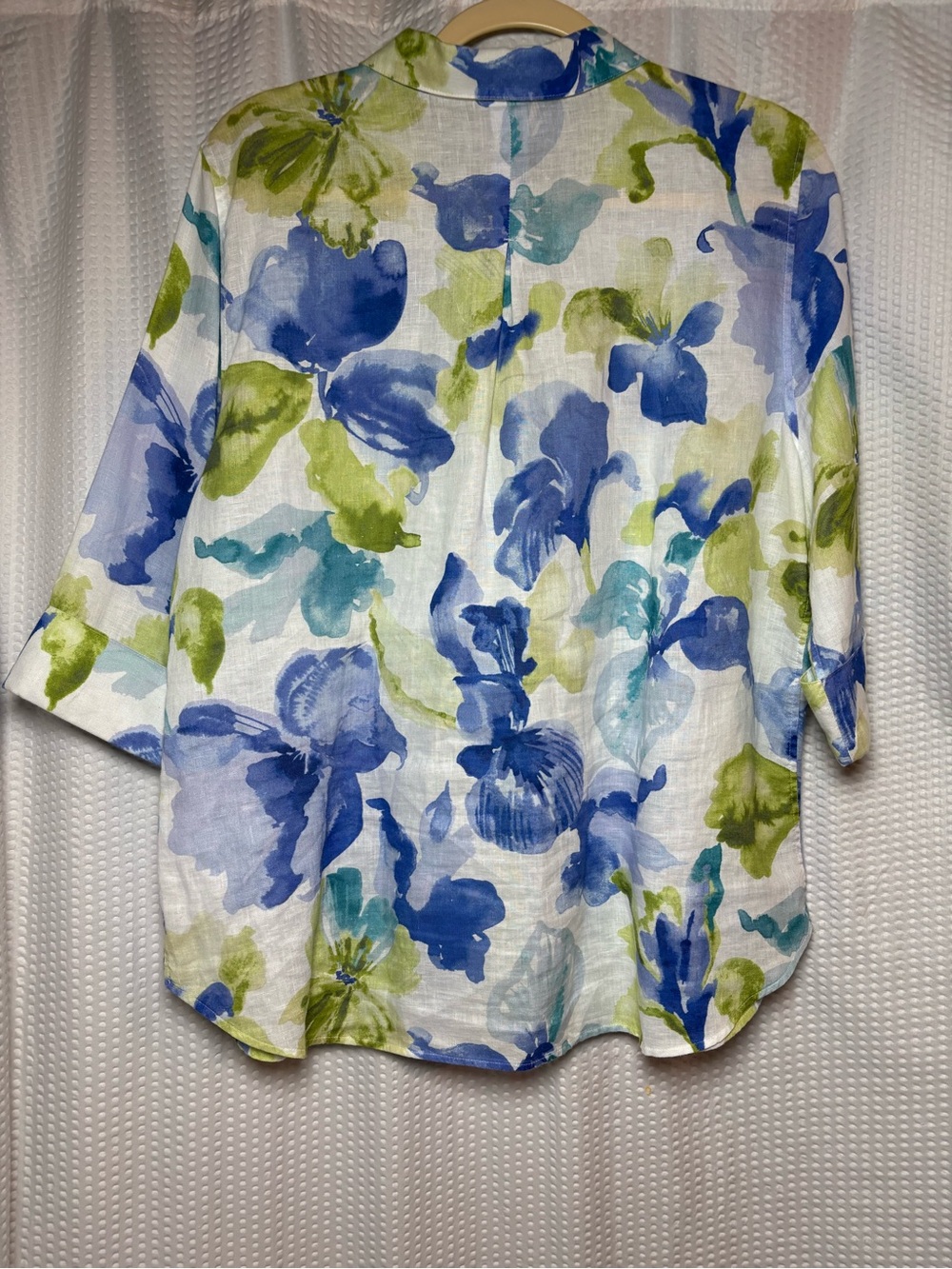 Chico’s 100% Linen V-neck Button-up 3/4 Sleeve Blouse Floral Print Size 12 - Picture 2 of 5